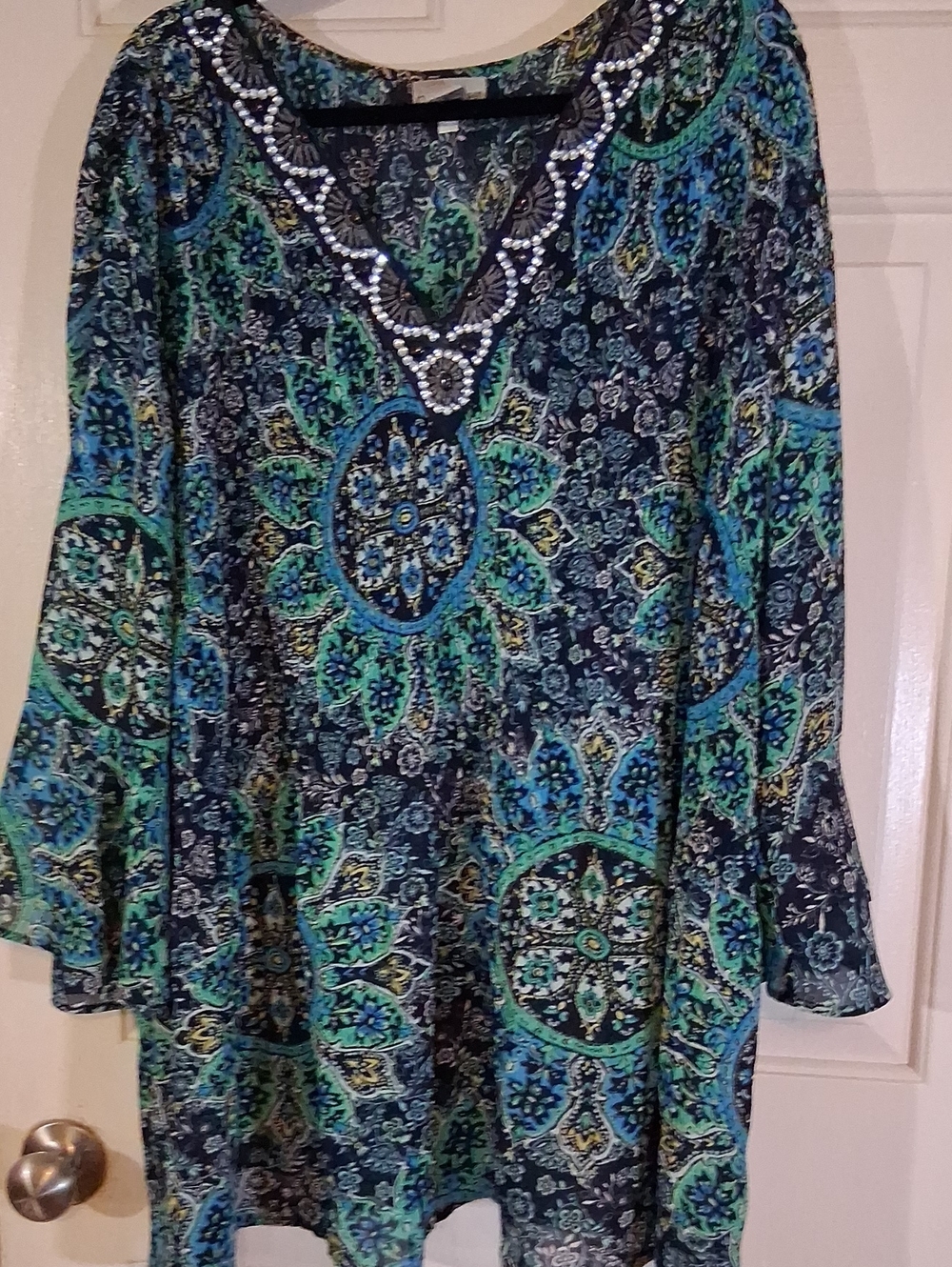 Catherines Beaded V-Neck Tunic in Blue and Green Medallion Print